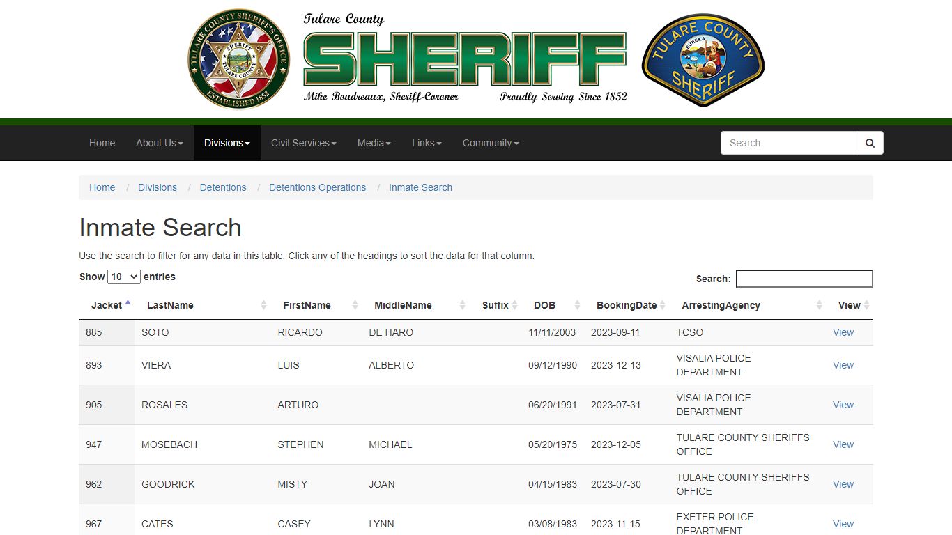 Inmate Search - Tulare County Sheriff - Tulare County, California